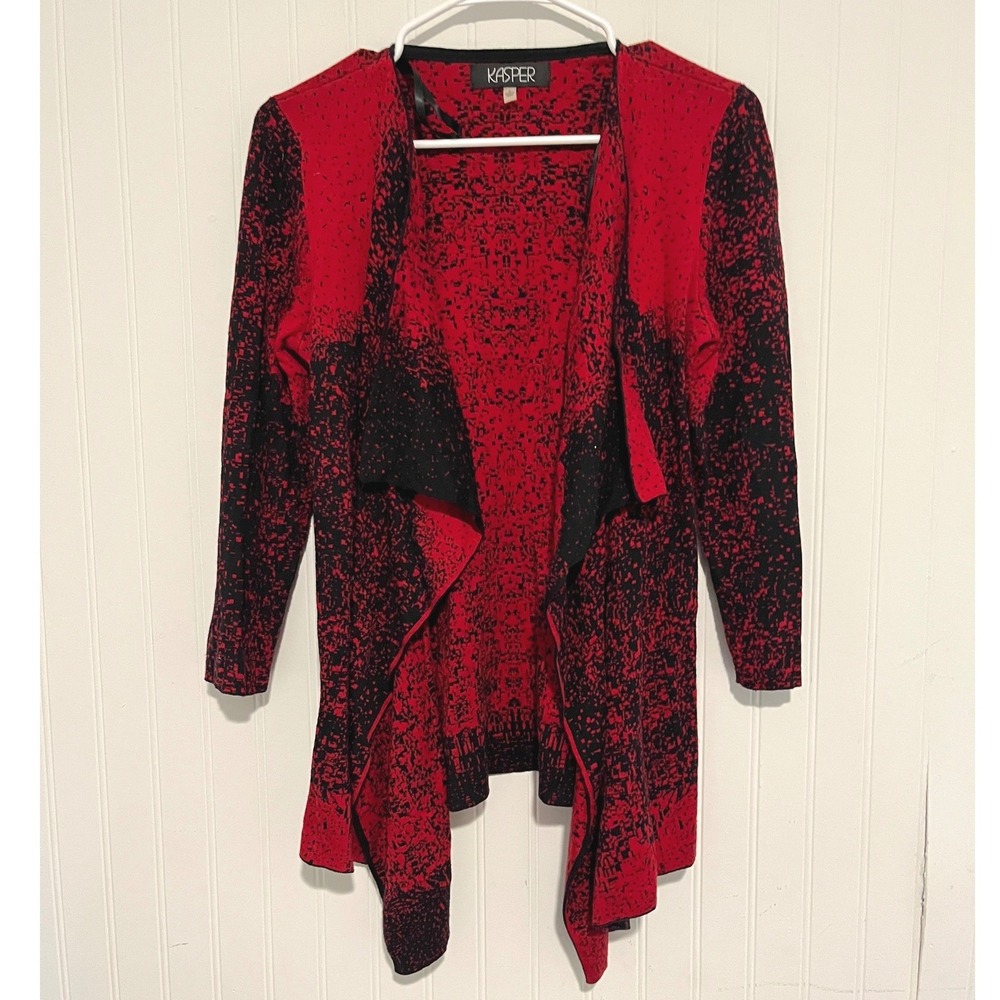 Kasper Cardigan Women Small Red Draped Open Front Abstract Print Knit